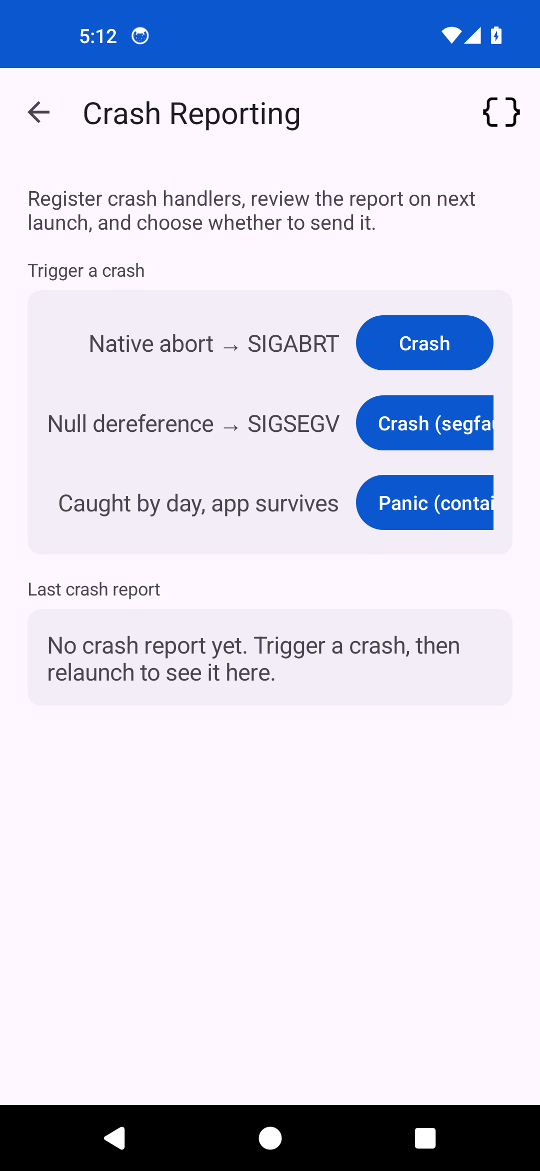 Crash reporting, Android Android