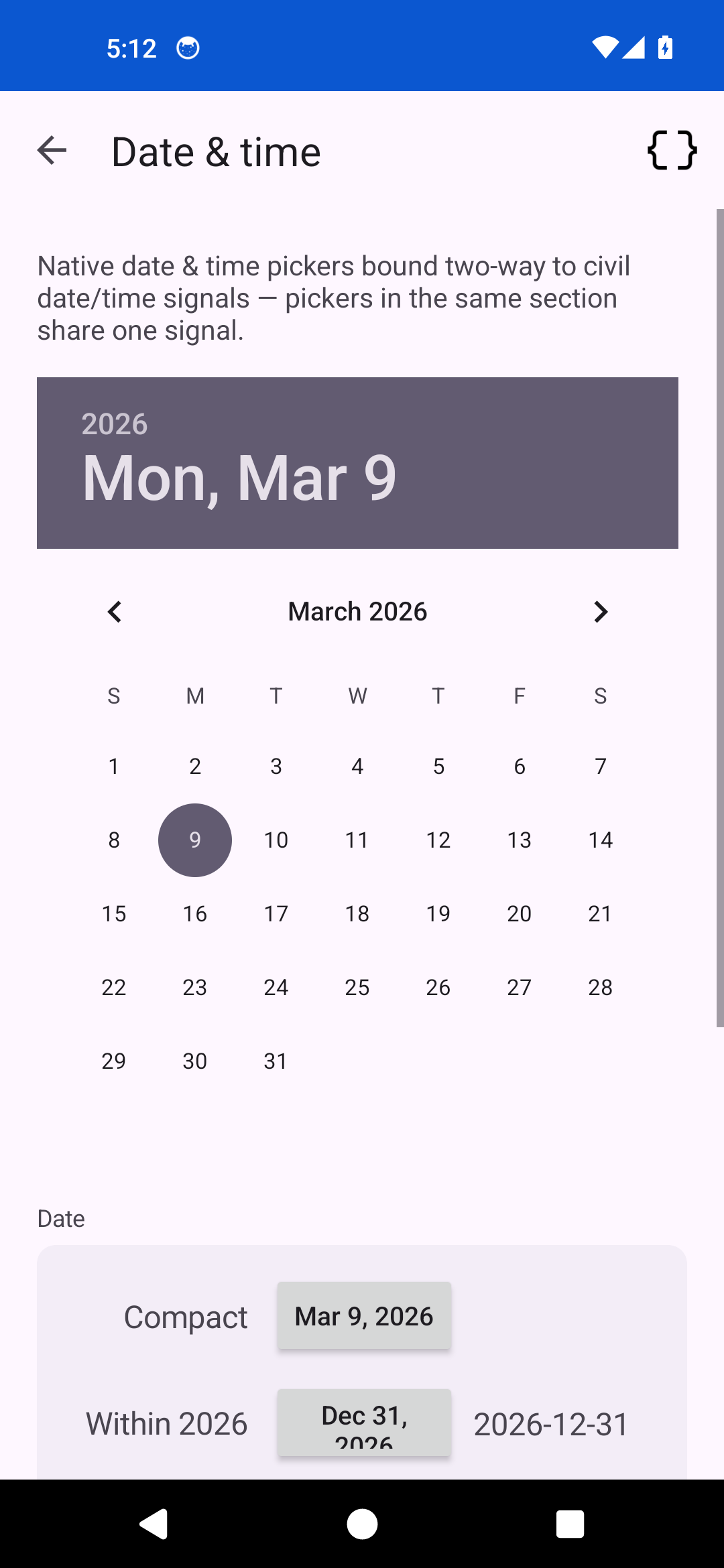 Date & time, Android Android
