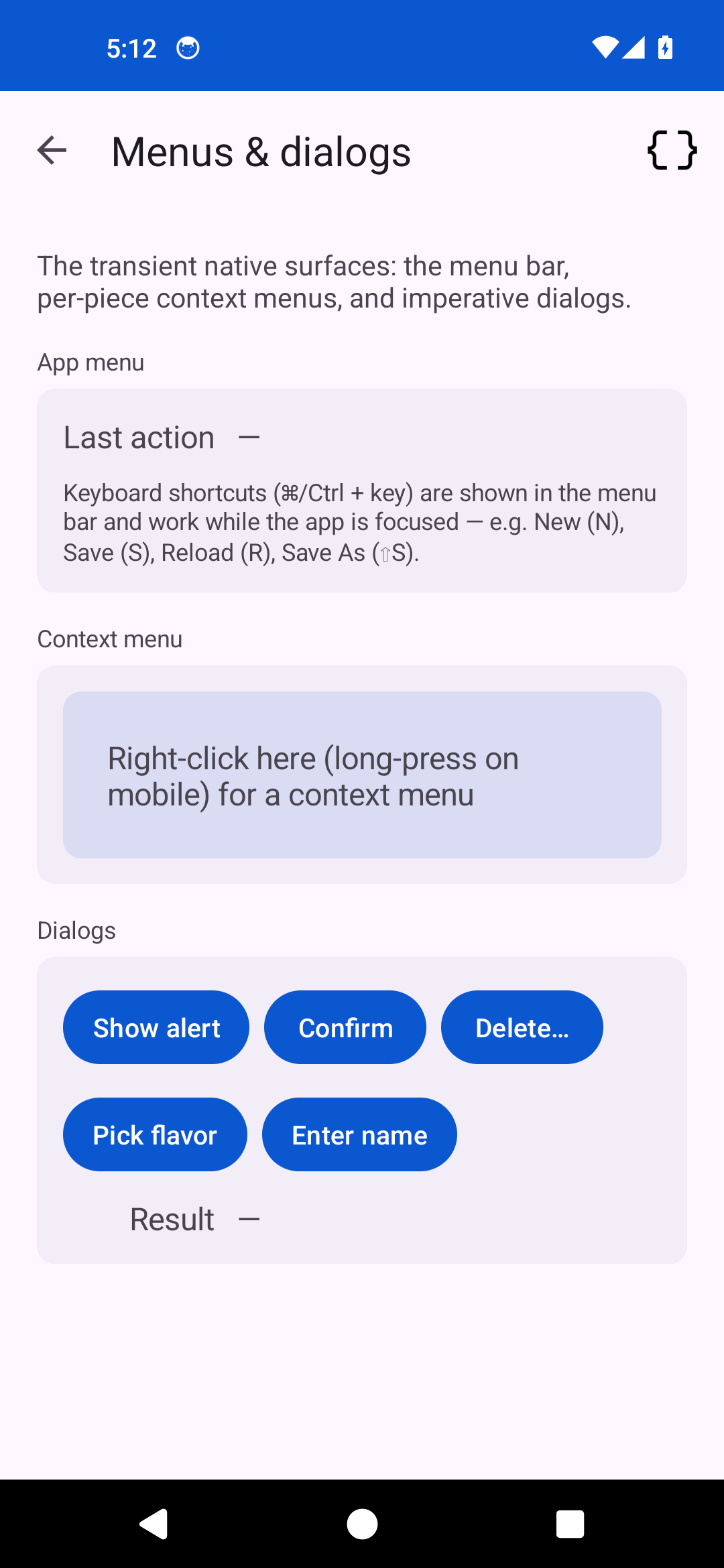 Menus & dialogs, Android Android