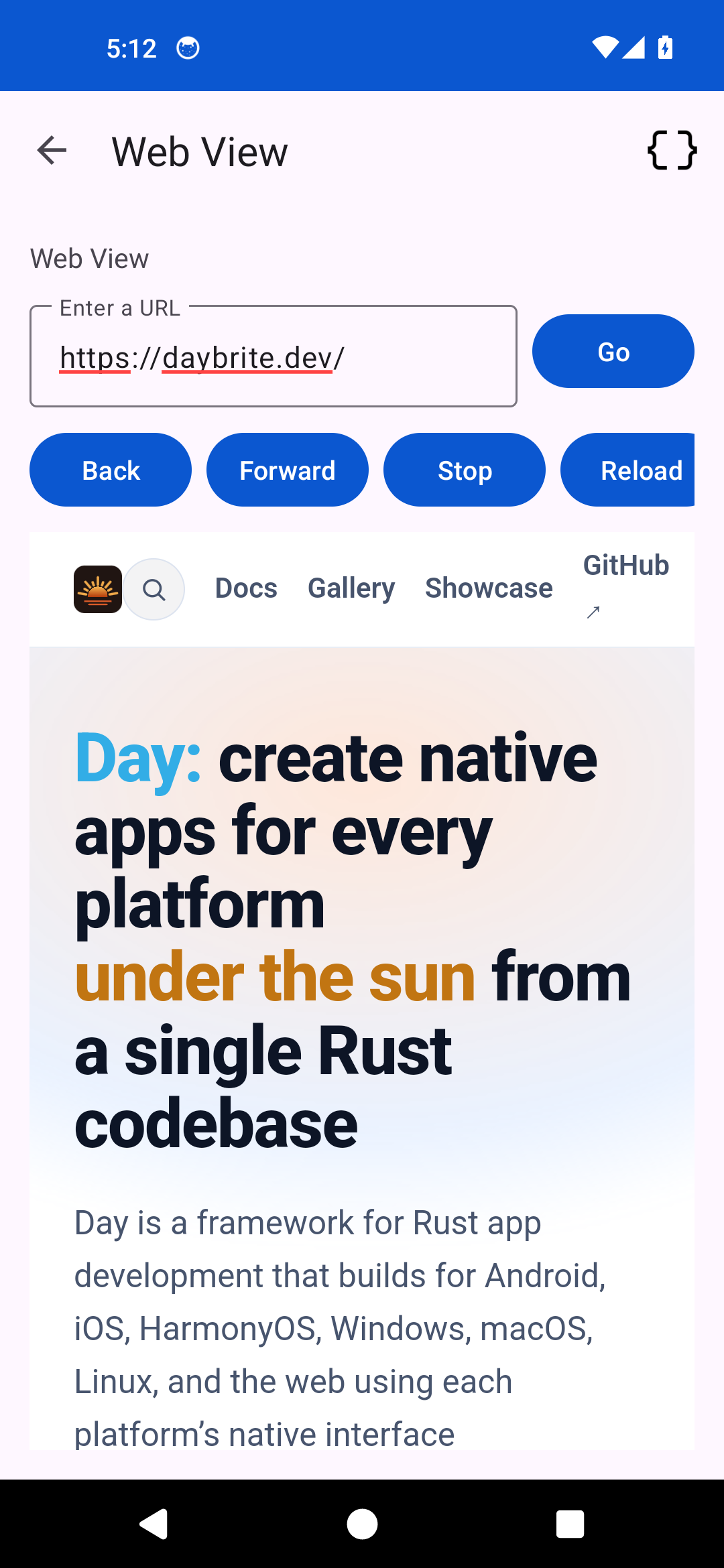 Web view, Android Android