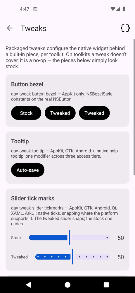 The Day Showcase app running natively on Android with Material Components