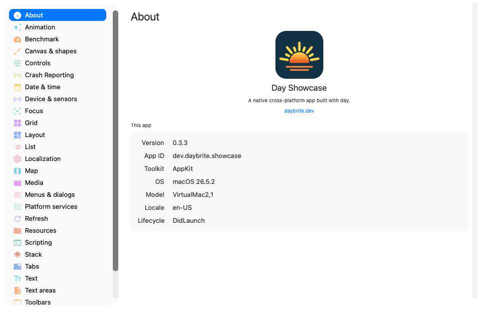 The Day Showcase app running natively on macOS with AppKit