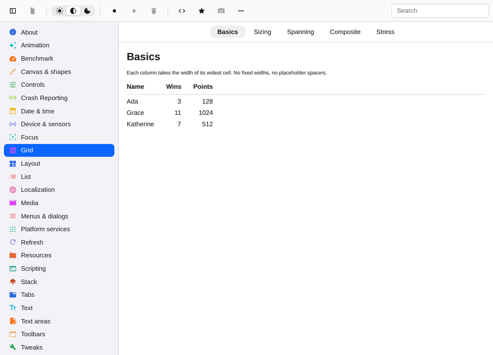 The Day Showcase app running natively on Web with DOM
