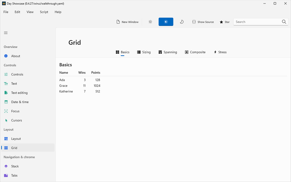 The Day Showcase app running natively on Windows with WinUI 3
