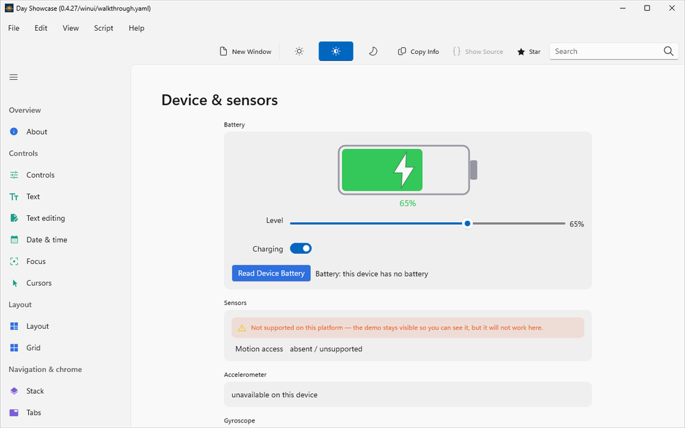 The Day Showcase app running natively on Windows with WinUI 3