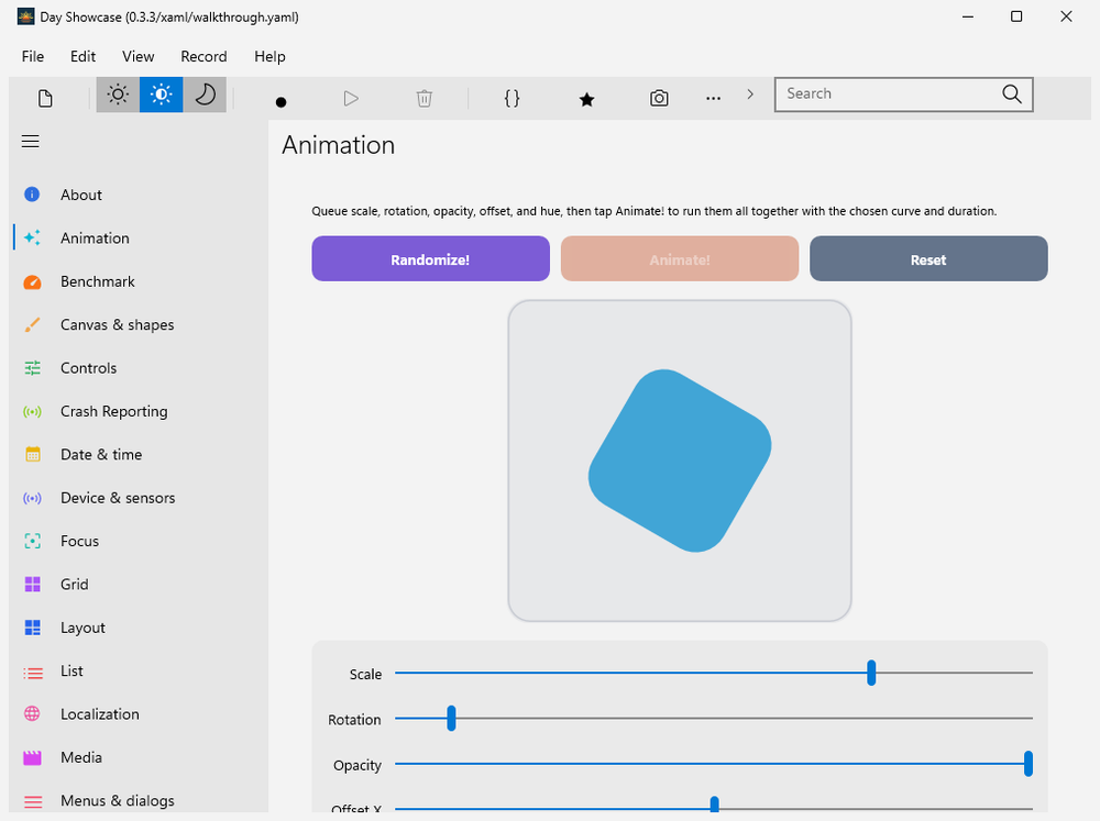 The Day Showcase app running natively on Windows with XAML