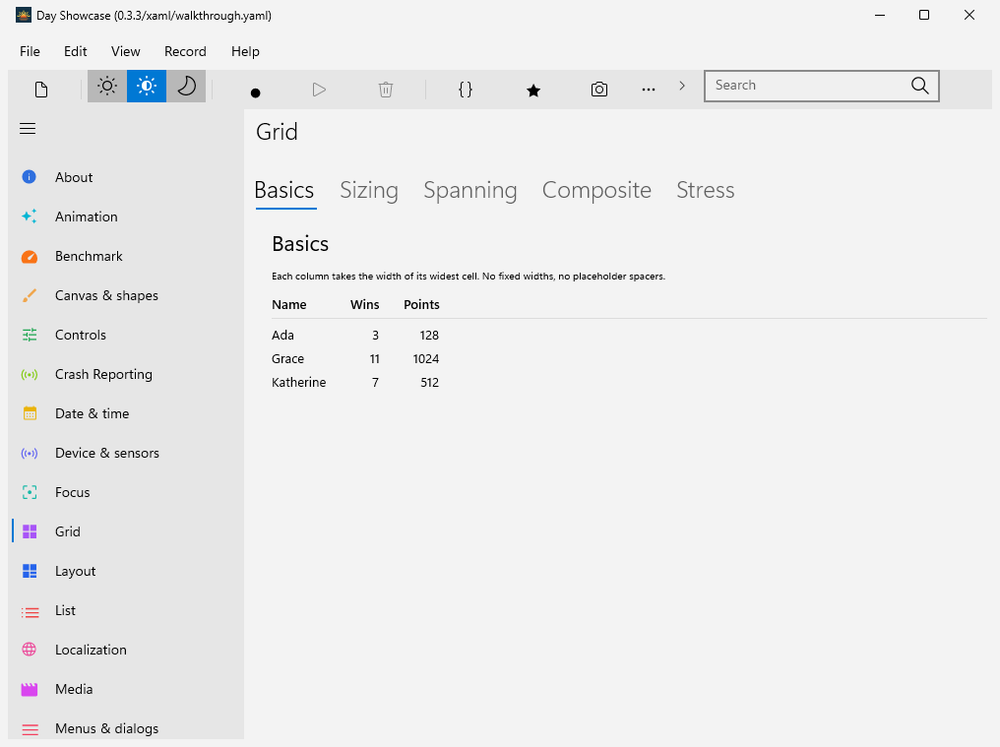 The Day Showcase app running natively on Windows with XAML