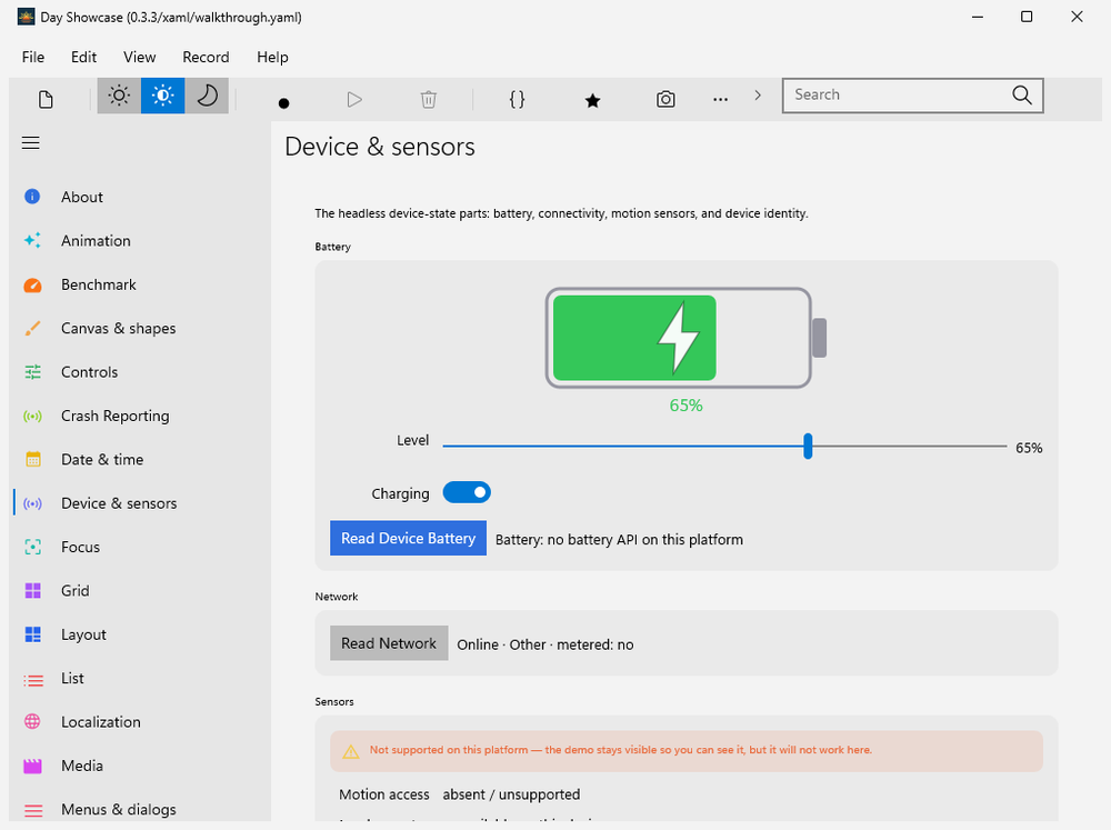 The Day Showcase app running natively on Windows with XAML