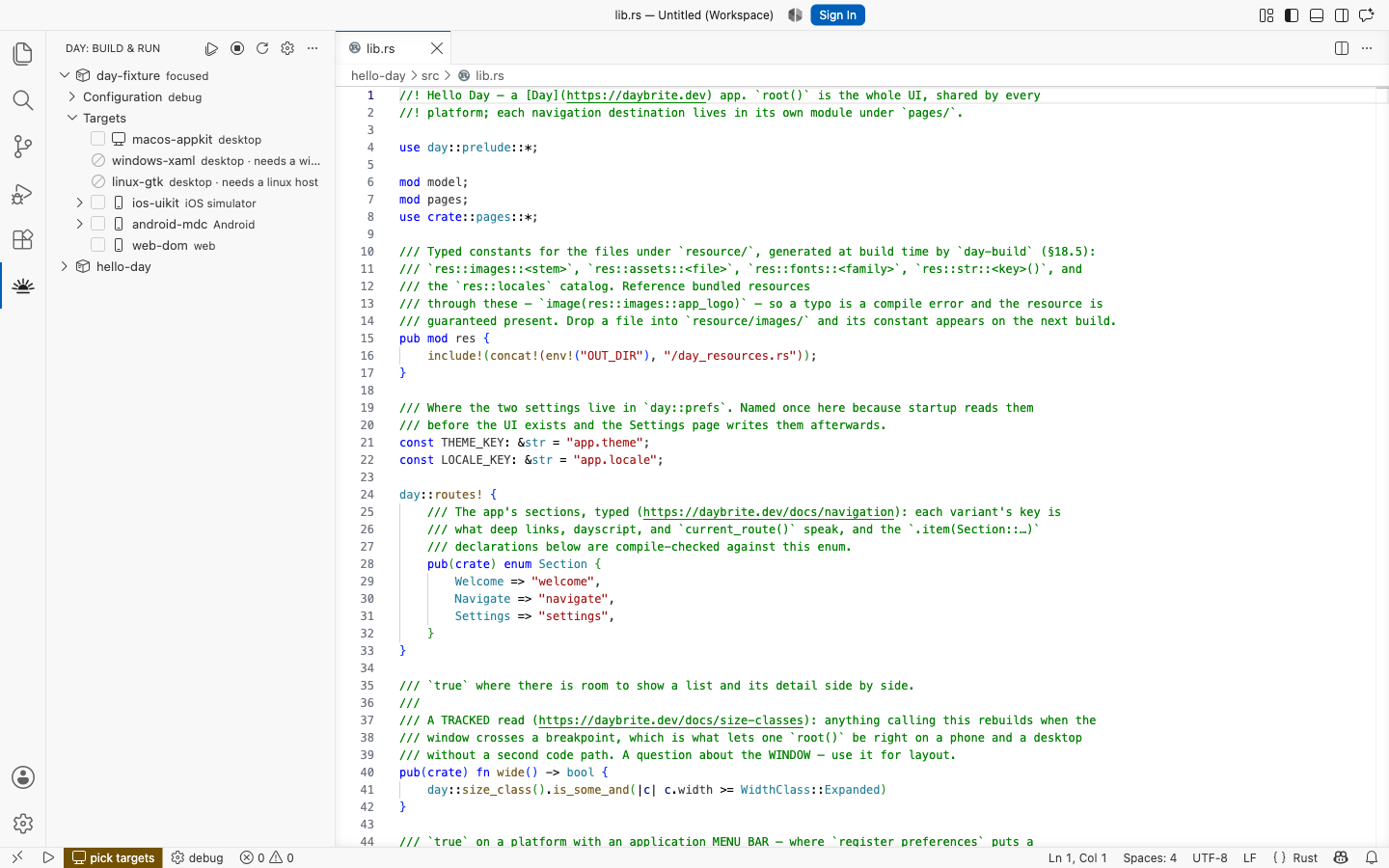 The Day extension in VS Code, with project targets and device controls beside the editor.