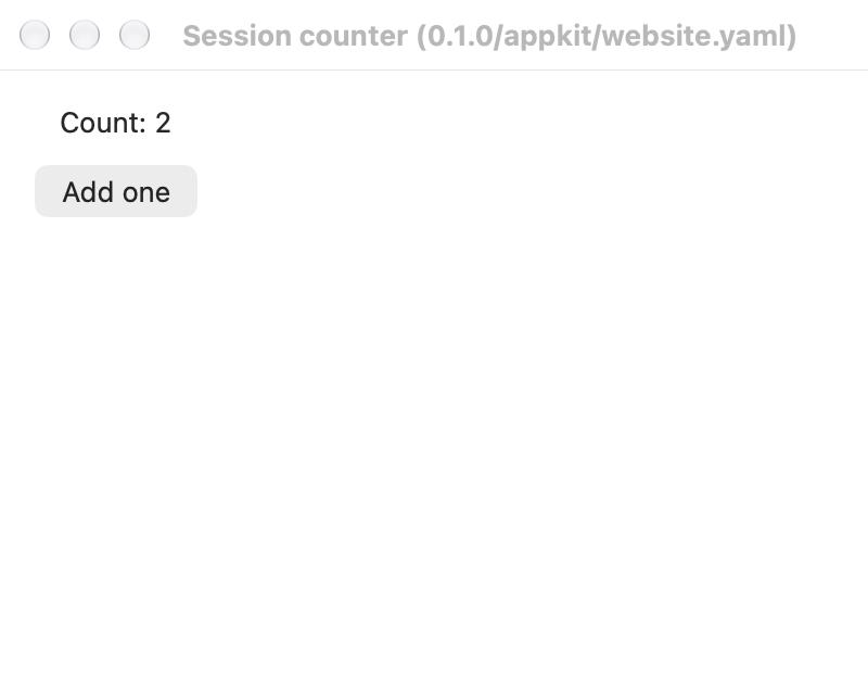 The tutorial counter running with macOS AppKit controls: Count: 2 and an Add one button.